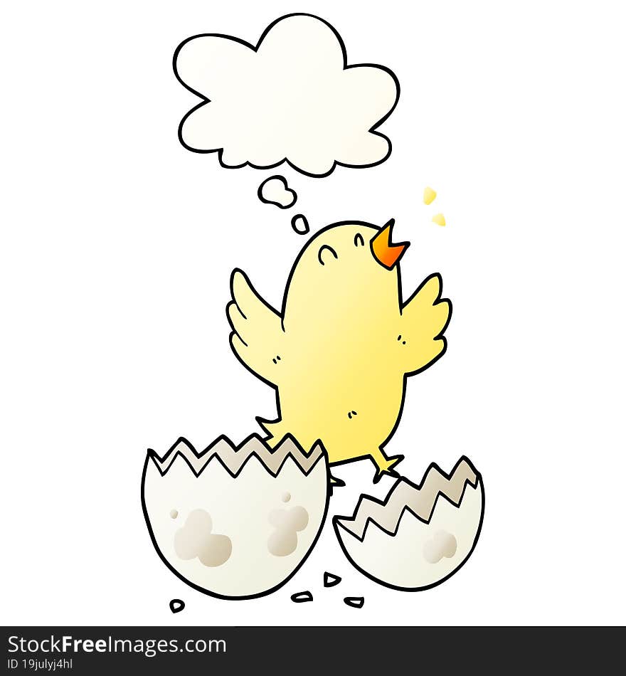 cartoon bird hatching from egg with thought bubble in smooth gradient style