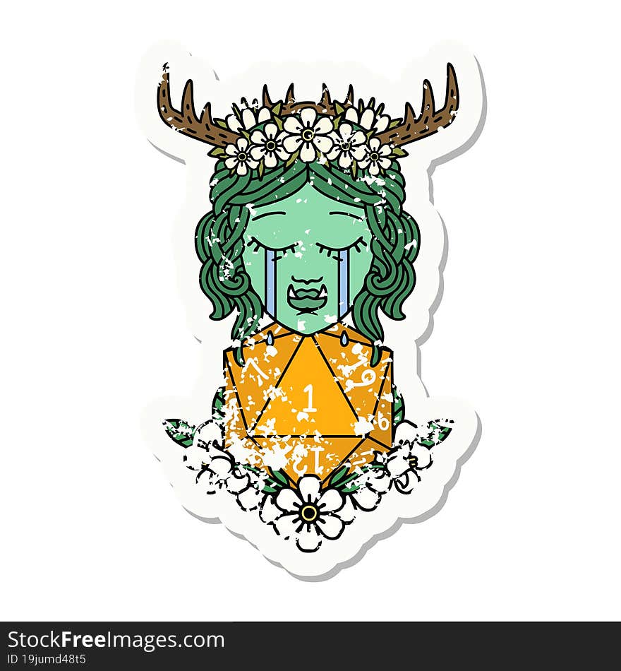 Sad Half Orc Druid Character With Natural One Dice Roll Grunge Sticker