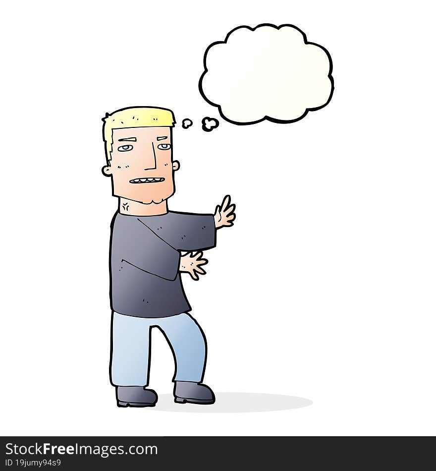 cartoon man gesturing with thought bubble