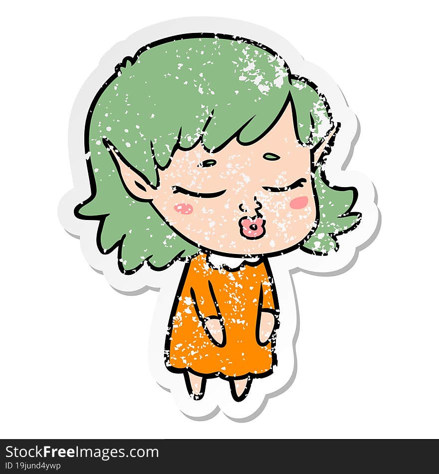 distressed sticker of a pretty cartoon elf girl