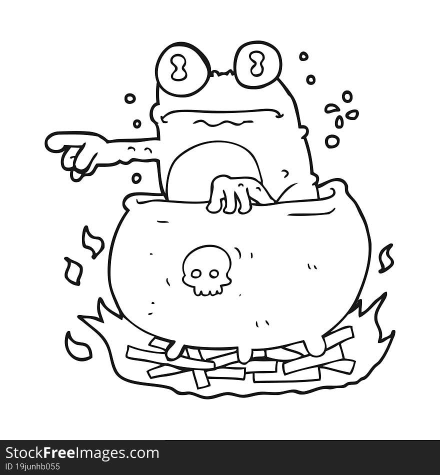 black and white cartoon halloween toad in cauldron