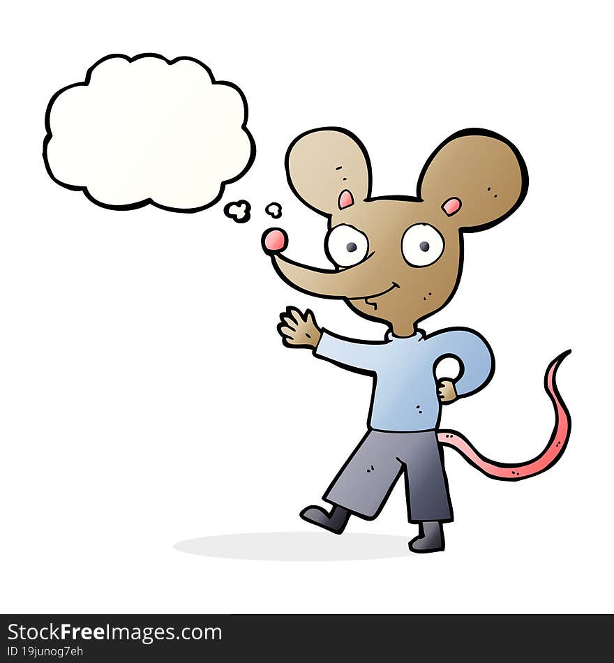 cartoon waving mouse with thought bubble