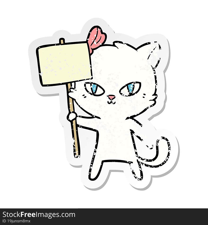 distressed sticker of a cute cartoon cat with protest sign