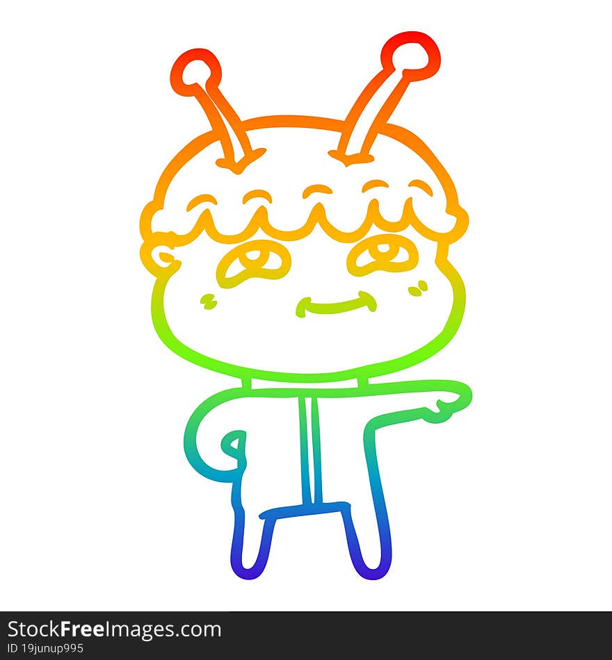 rainbow gradient line drawing friendly cartoon spaceman pointing