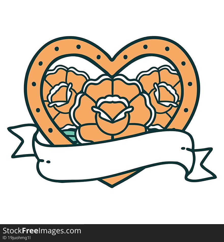 Tattoo Style Icon Of A Heart And Banner With Flowers