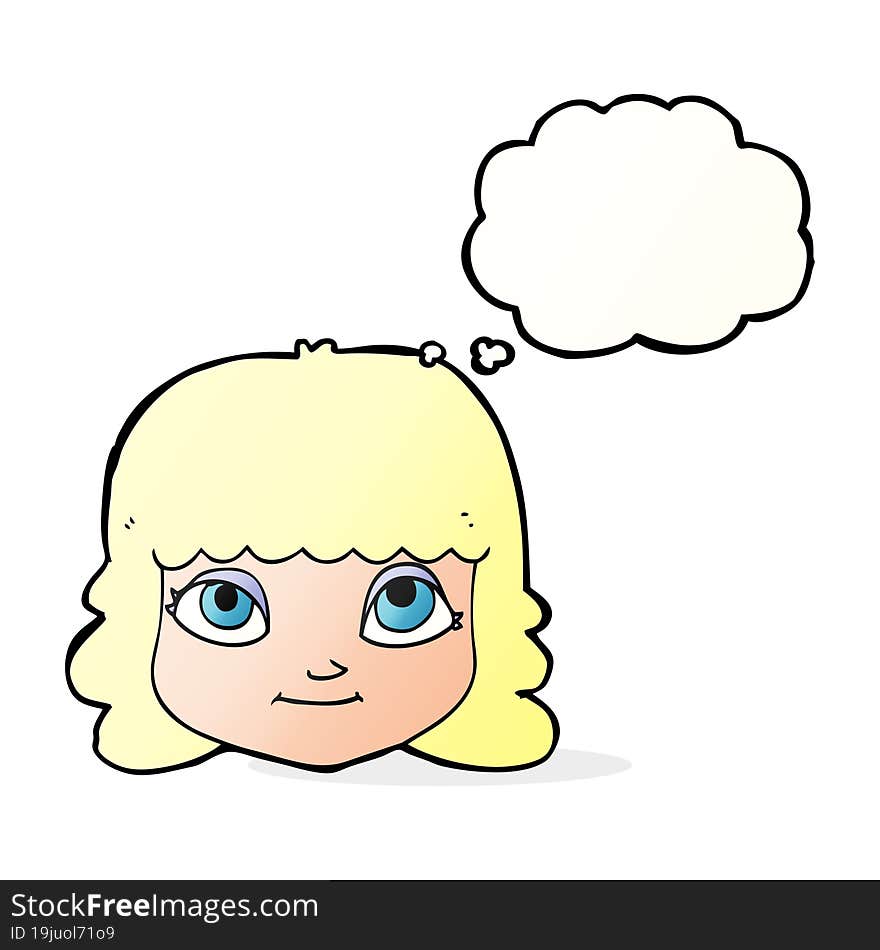 cartoon happy female face with thought bubble