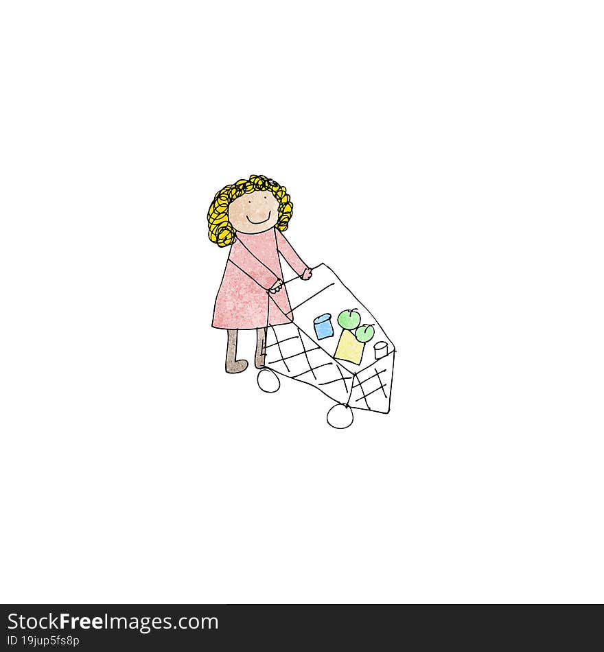 cartoon mother pushing trolley