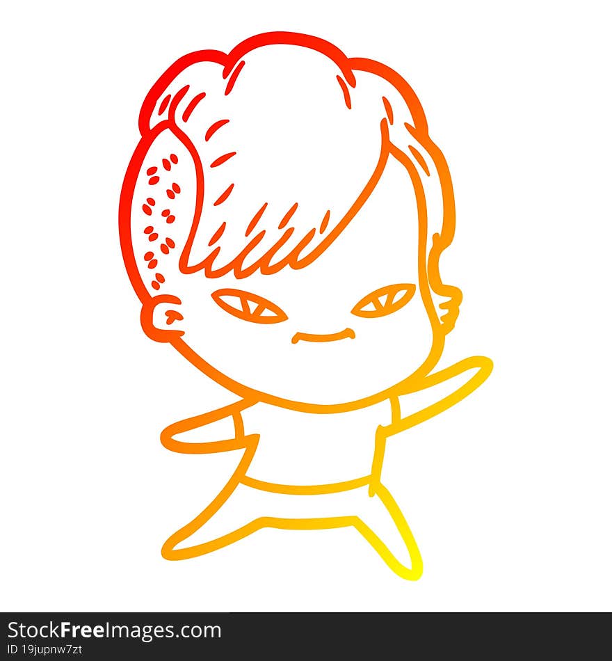 warm gradient line drawing of a cute cartoon girl with hipster haircut