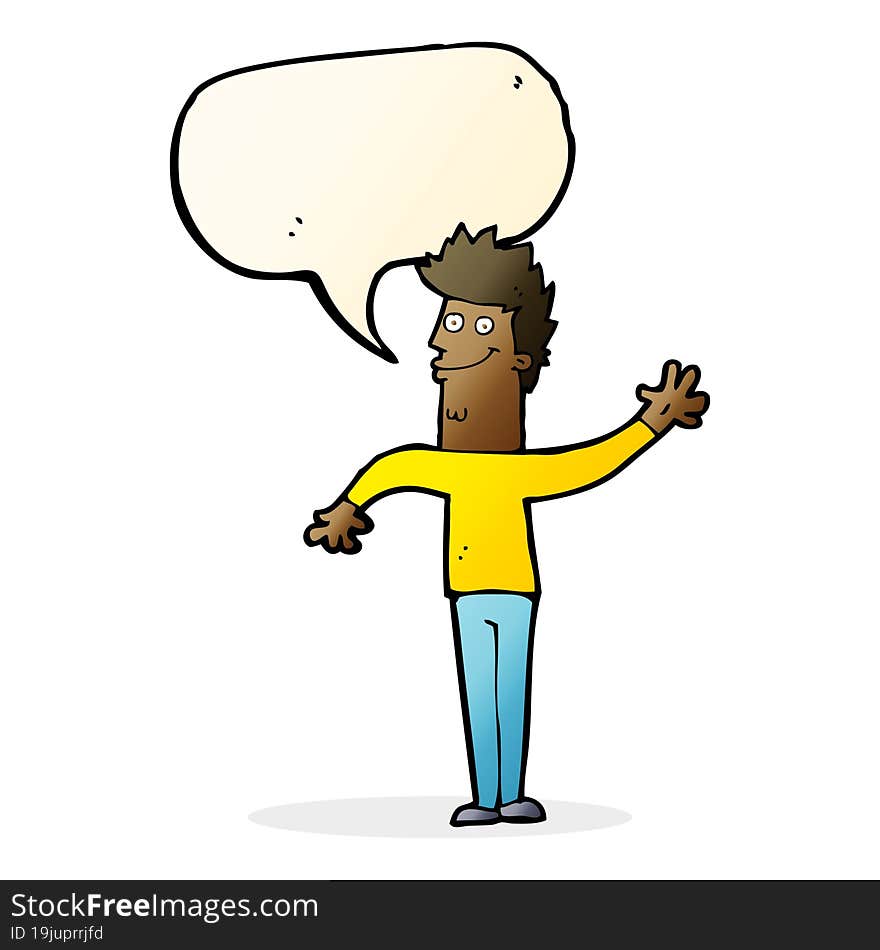 cartoon happy waving man with speech bubble