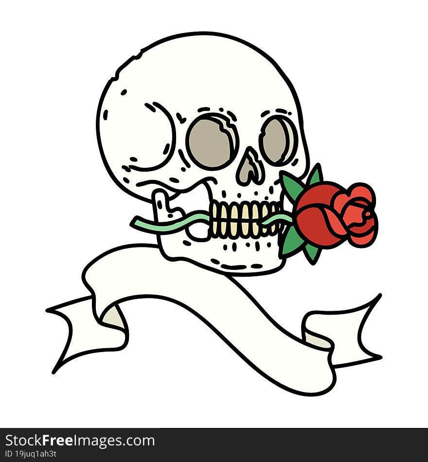 Tattoo With Banner Of A Skull And Rose