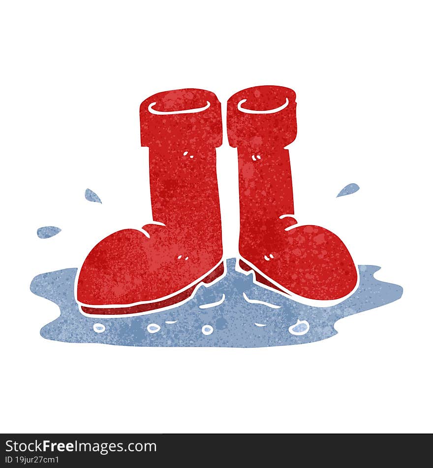 freehand retro cartoon wellington boots in puddle