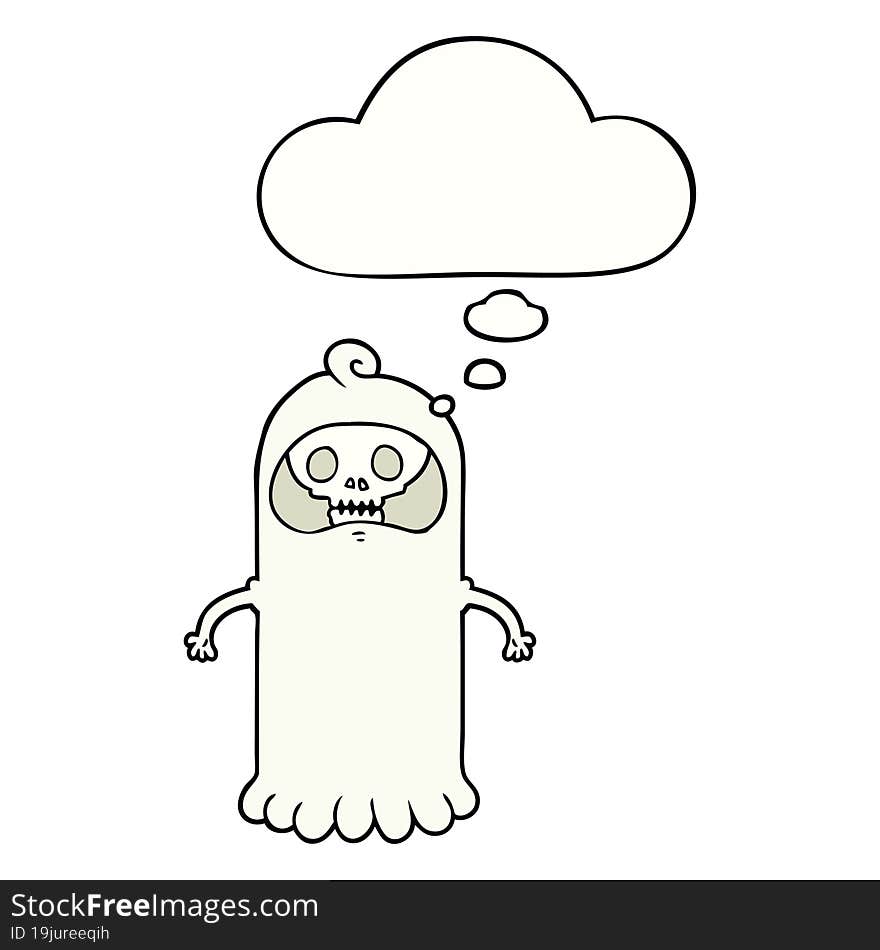 cartoon spooky skull ghost and thought bubble