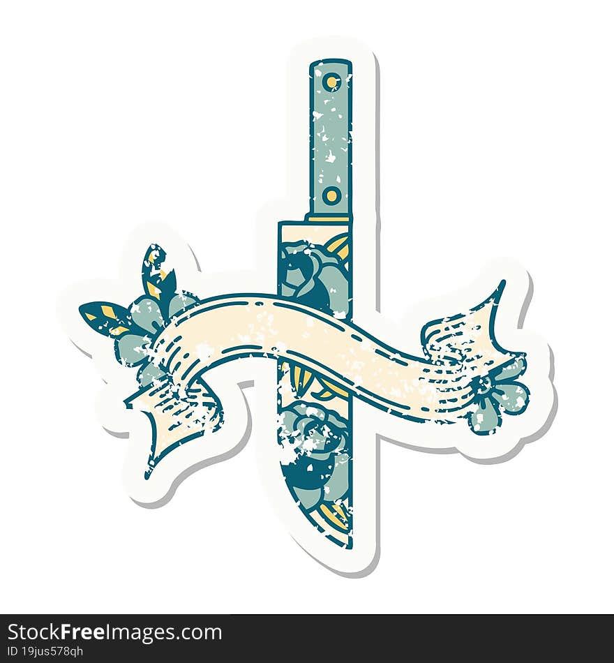 grunge sticker with banner of a dagger and flowers