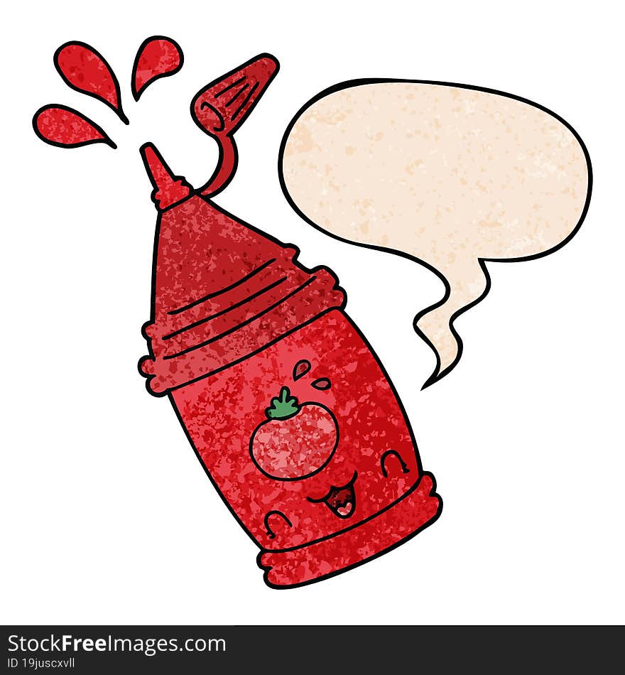 cartoon ketchup bottle and speech bubble in retro texture style