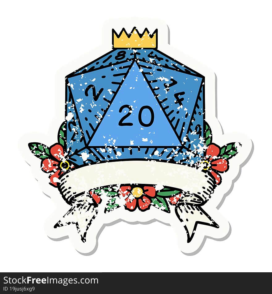 Natural 20 Critical Hit D20 Dice Roll Grunge Sticker