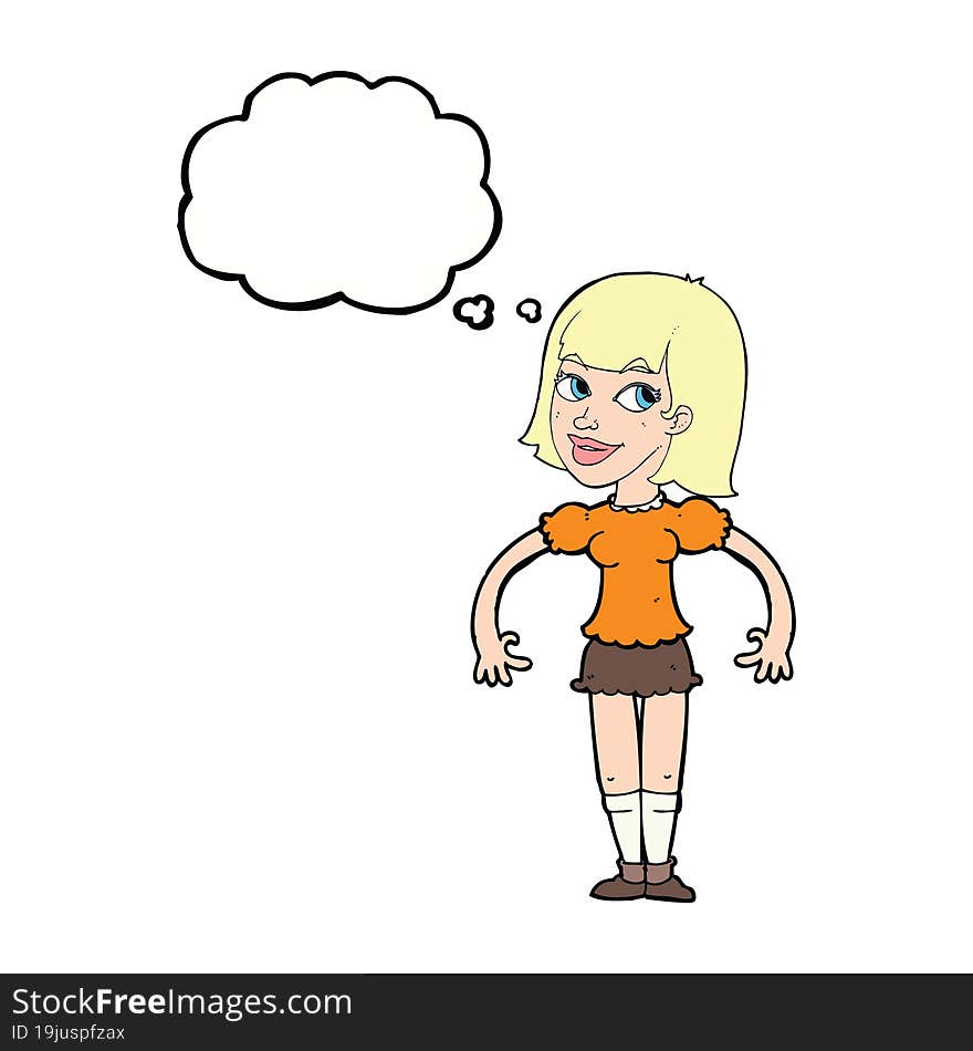 cartoon woman shrugging shoulders with thought bubble