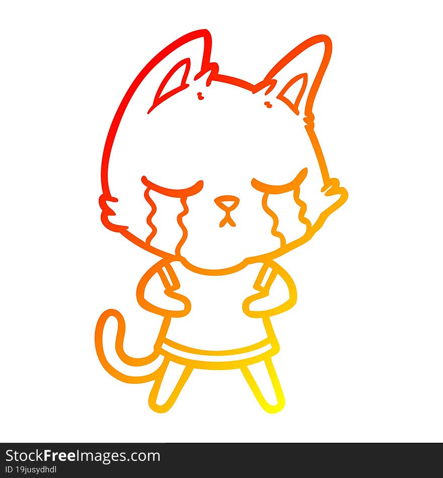 warm gradient line drawing of a crying cartoon cat