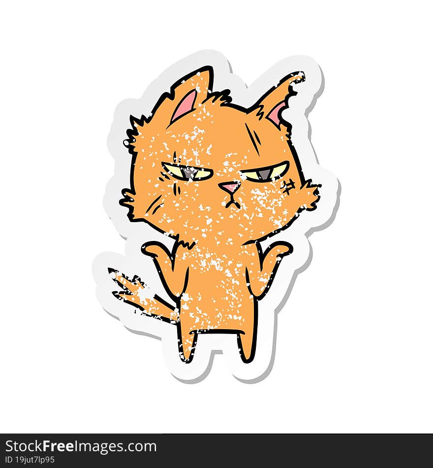 distressed sticker of a tough cartoon cat