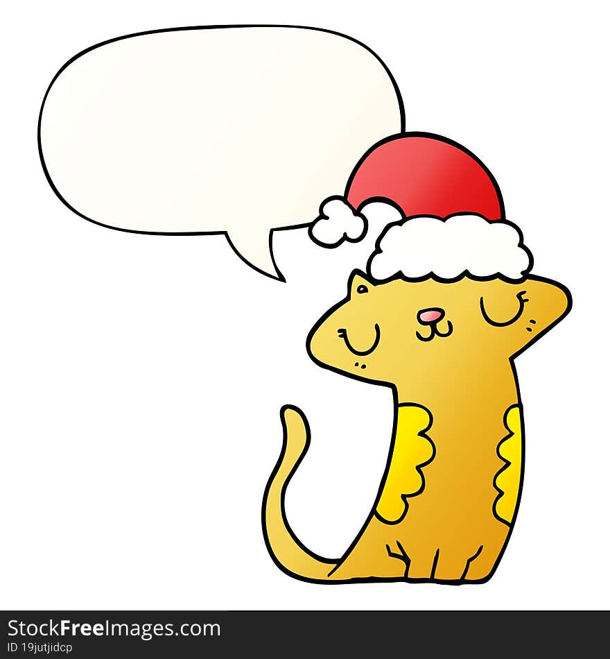 cute cartoon cat wearing christmas hat with speech bubble in smooth gradient style