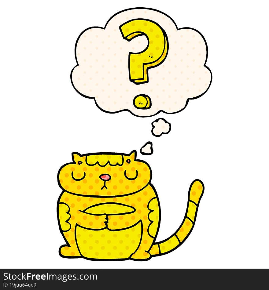 cartoon cat with question mark and thought bubble in comic book style