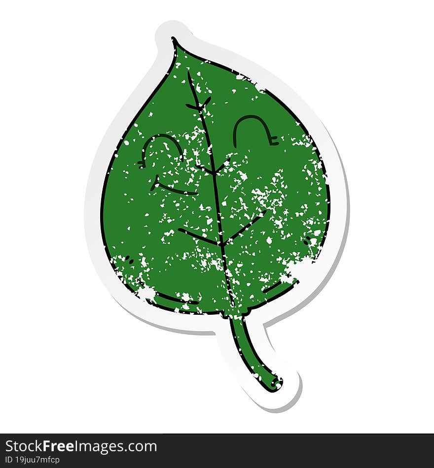 distressed sticker of a quirky hand drawn cartoon happy leaf