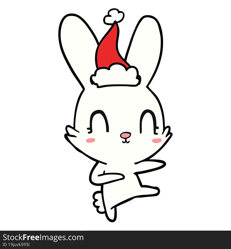 Cute Line Drawing Of A Rabbit Dancing Wearing Santa Hat