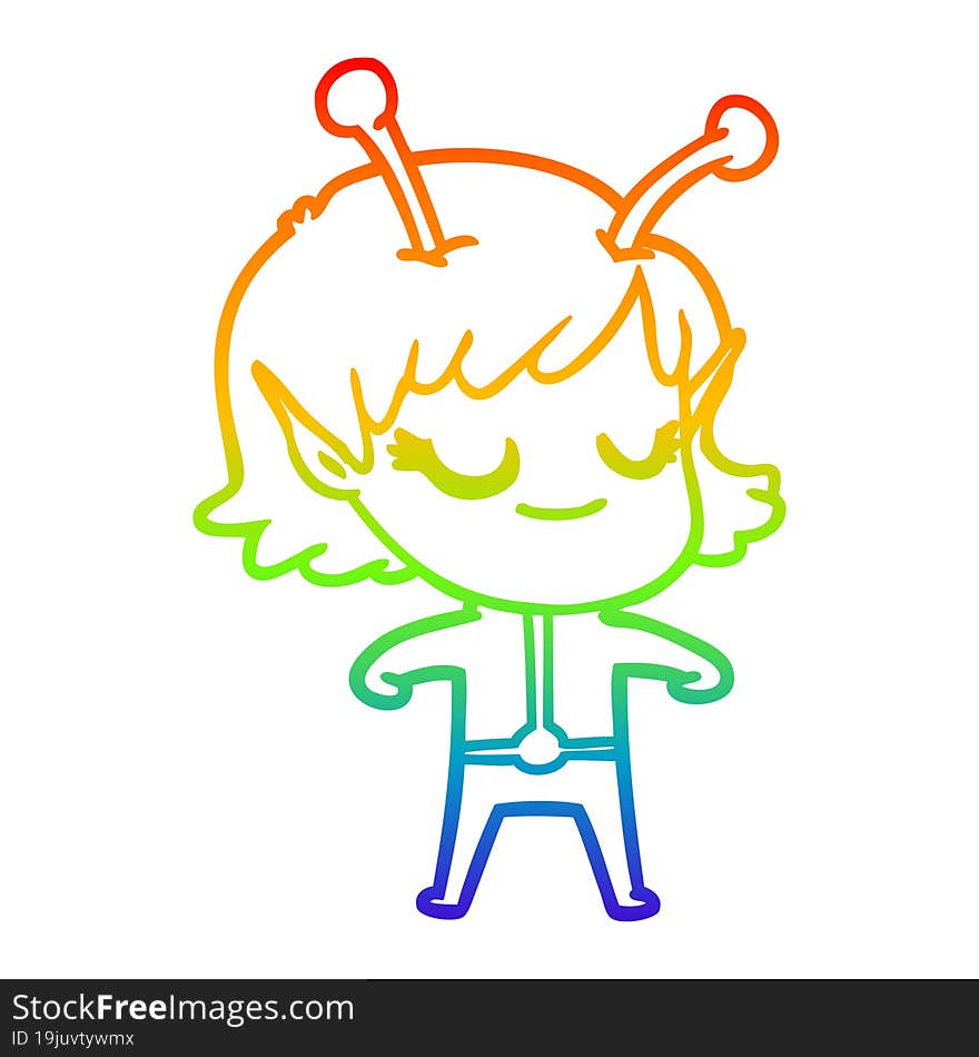 Rainbow Gradient Line Drawing Smiling Alien Girl Cartoon