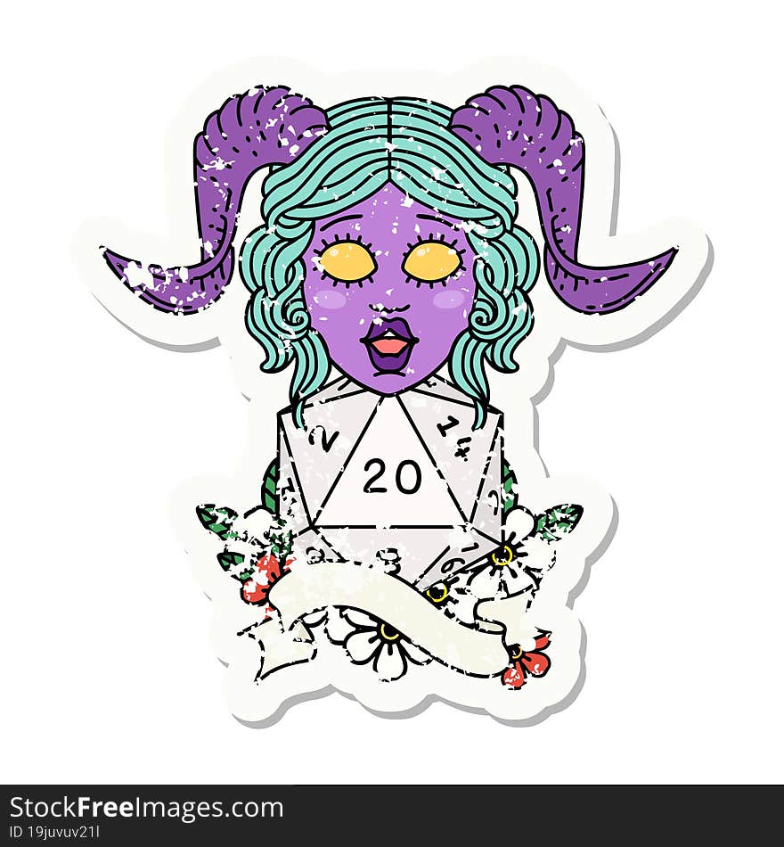 tiefling with natural twenty dice roll grunge sticker