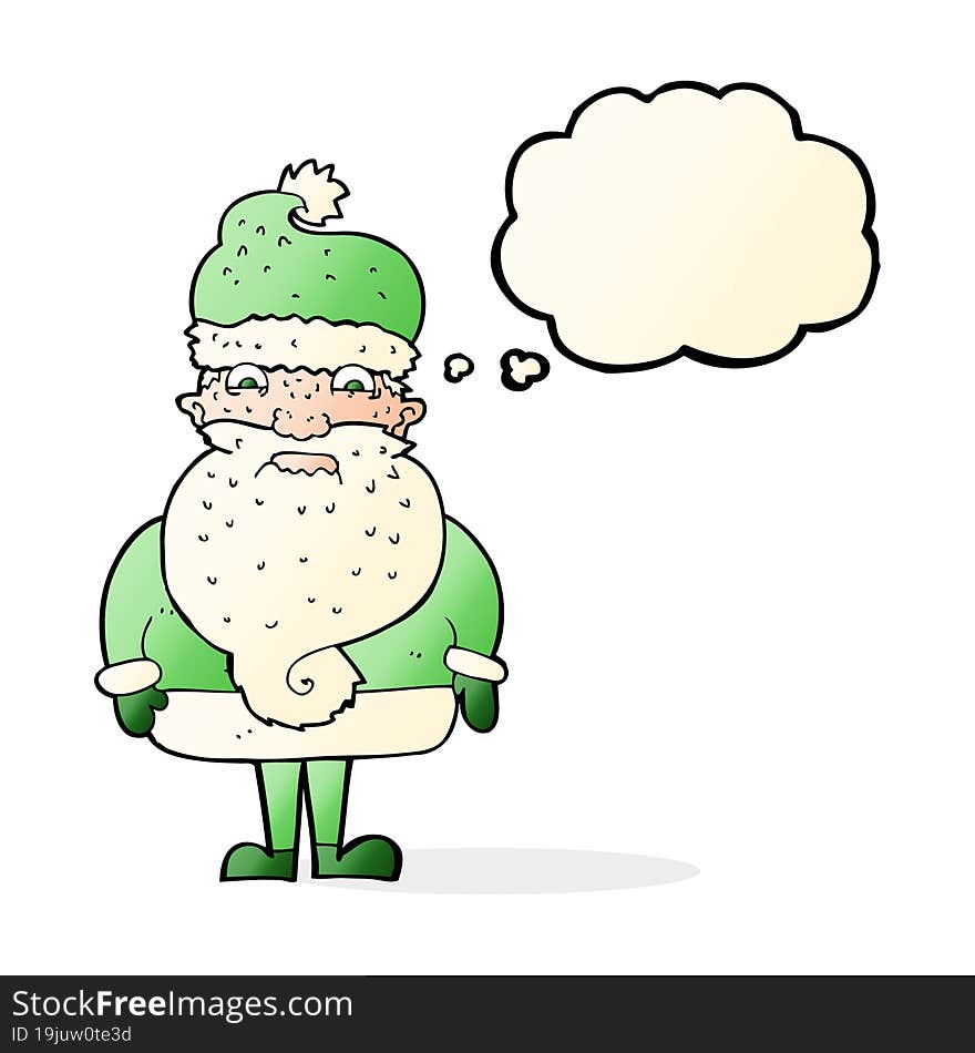 cartoon grumpy santa claus with thought bubble