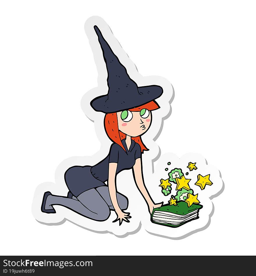 sticker of a cartoon witch and spell book