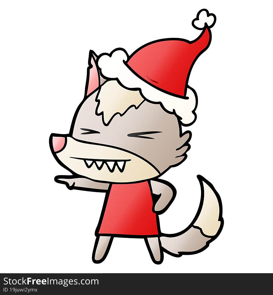 angry wolf hand drawn gradient cartoon of a wearing santa hat. angry wolf hand drawn gradient cartoon of a wearing santa hat