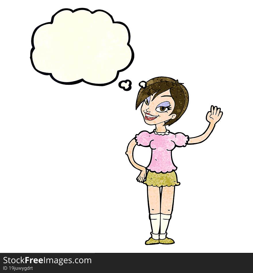 cartoon waving woman with thought bubble