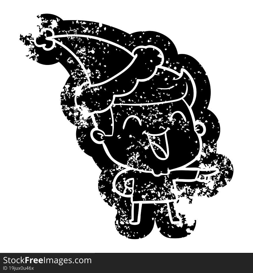 Cartoon Distressed Icon Of A Man Laughing Wearing Santa Hat