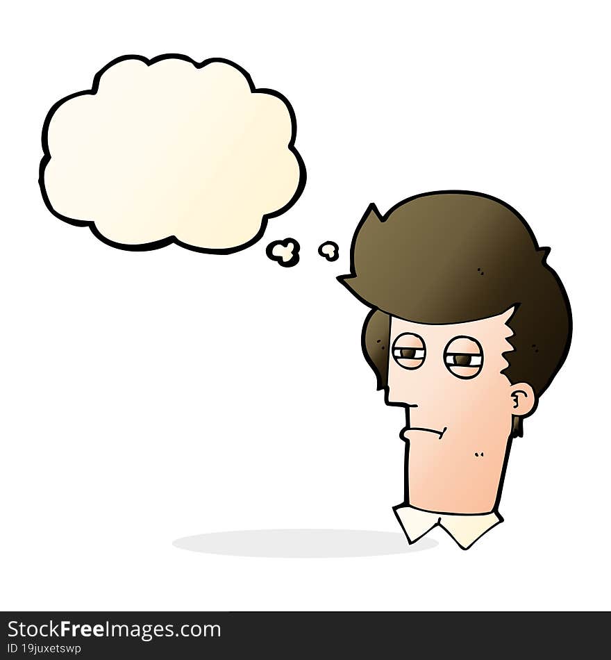 cartoon man with narrowed eyes with thought bubble