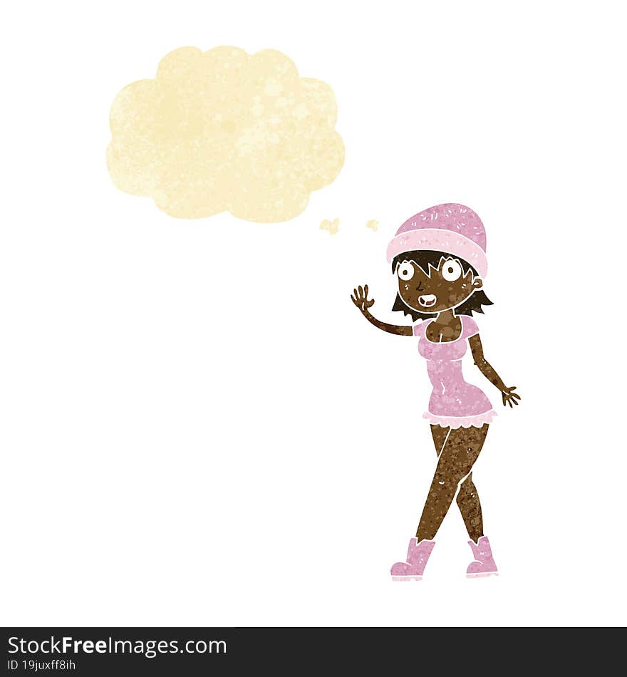 cartoon pretty girl in hat waving with thought bubble