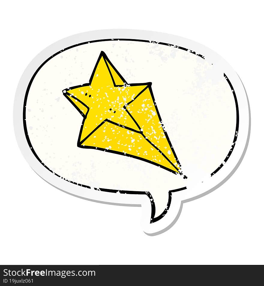 cartoon shooting star with speech bubble distressed distressed old sticker. cartoon shooting star with speech bubble distressed distressed old sticker