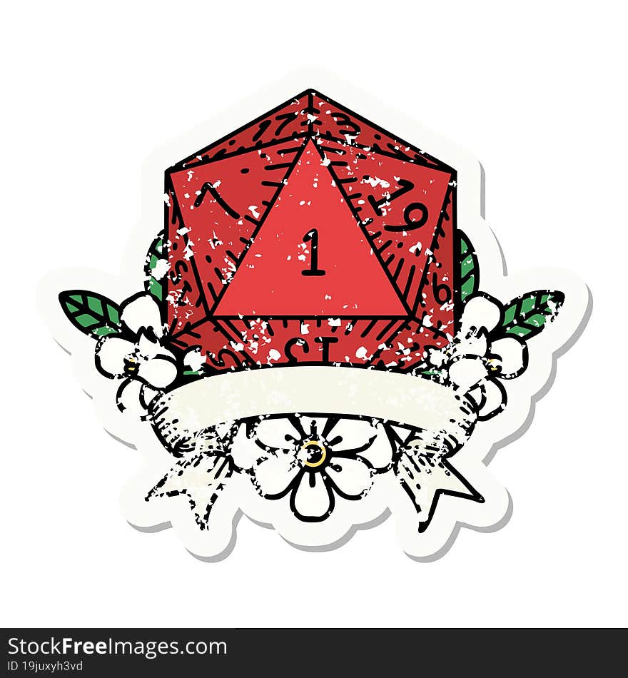 grunge sticker of a natural one d20 dice roll. grunge sticker of a natural one d20 dice roll