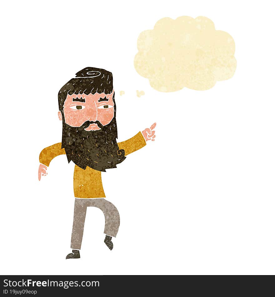 cartoon bearded man pointing the way with thought bubble