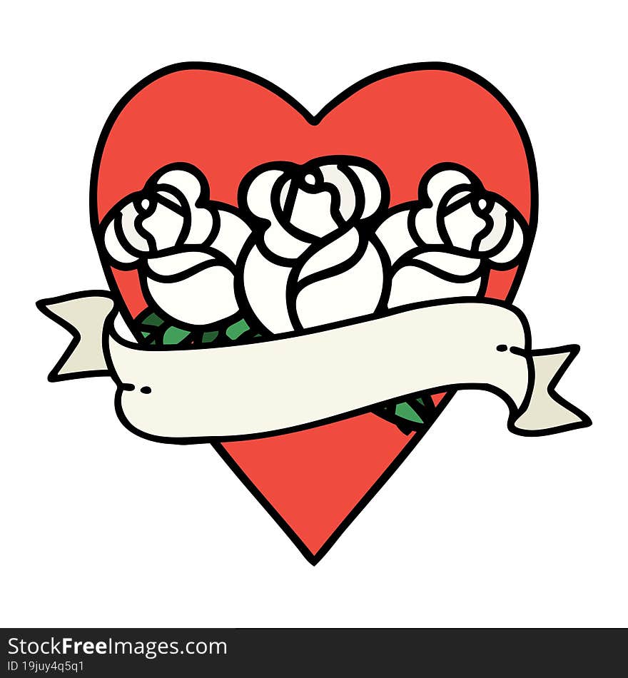 tattoo in traditional style of a heart and banner with flowers. tattoo in traditional style of a heart and banner with flowers