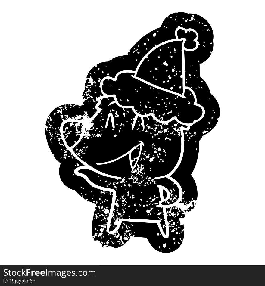 laughing bear cartoon distressed icon of a wearing santa hat