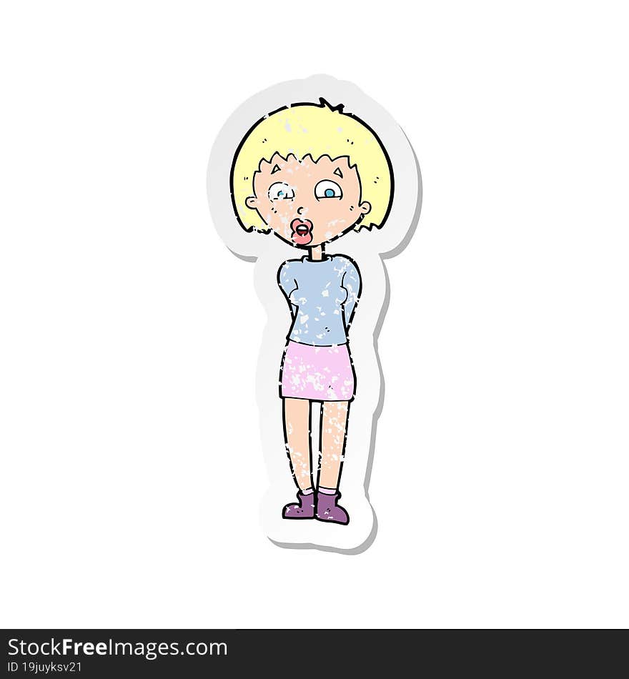 retro distressed sticker of a cartoon surprised woman