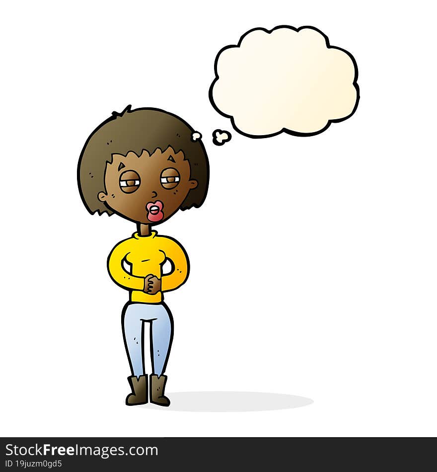 cartoon tired woman with thought bubble