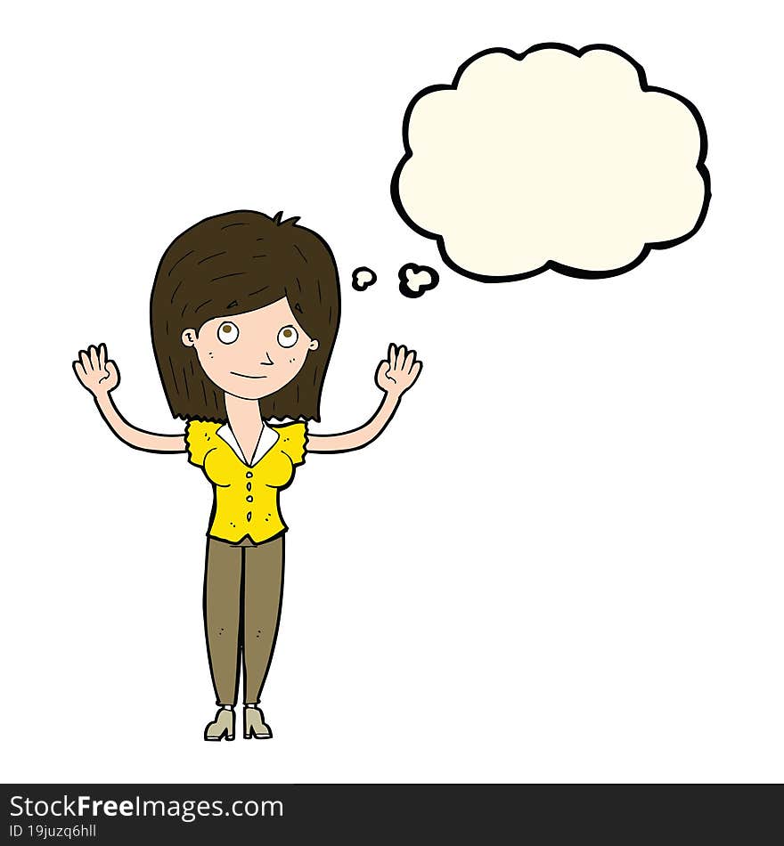 cartoon woman holding up hands with thought bubble