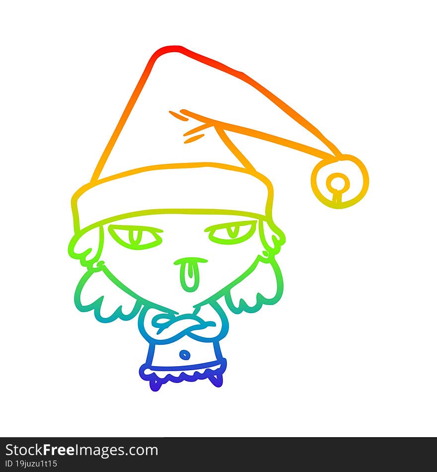 Rainbow Gradient Line Drawing Girl Wearing Christmas Hat