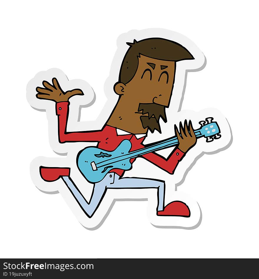 sticker of a cartoon man playing electric guitar