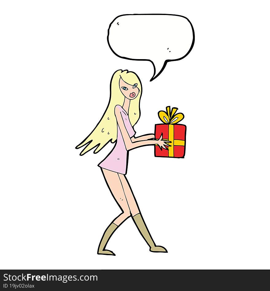 cartoon fashion girl with present with speech bubble