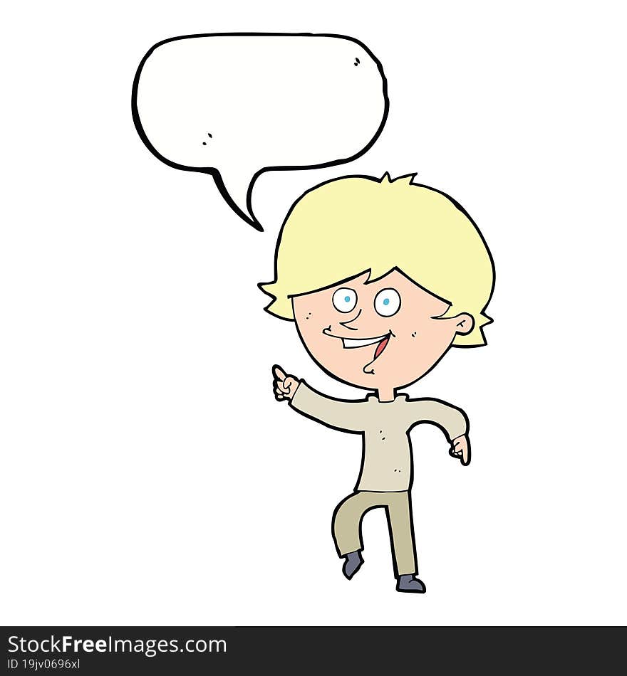 cartoon happy pointing man with speech bubble