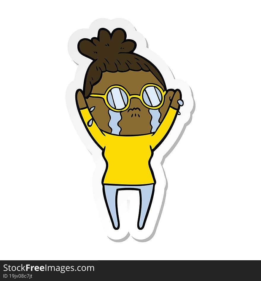 sticker of a cartoon crying woman wearing spectacles