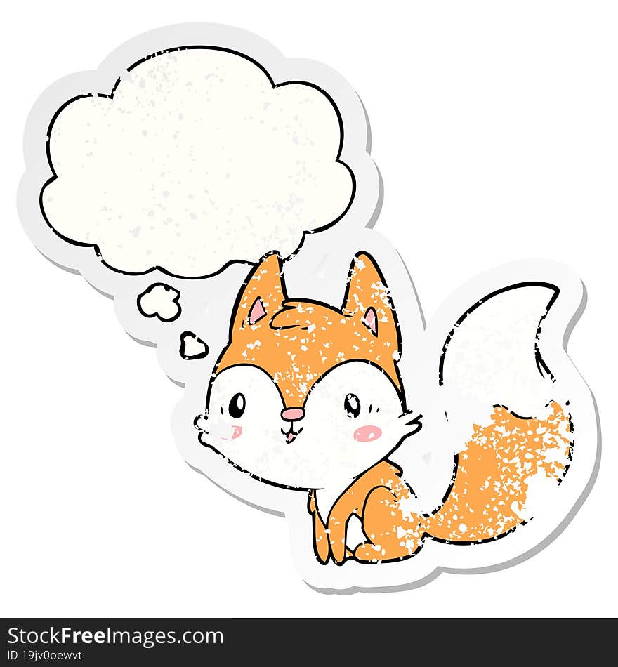 cartoon fox and thought bubble as a distressed worn sticker