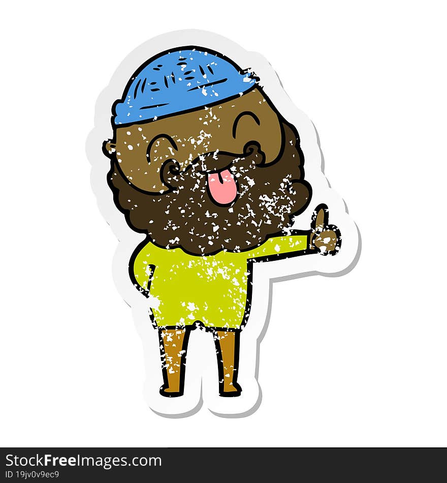 distressed sticker of a man with beard sticking out tongue